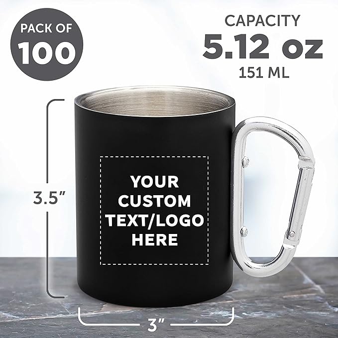 Custom Stainless Steel Mugs with Carabiner Handle 10 oz. Set of 100, Personalized Bulk Pack - Perfect for Coffee, Soda, Other Hot & Cold Beverages - Black