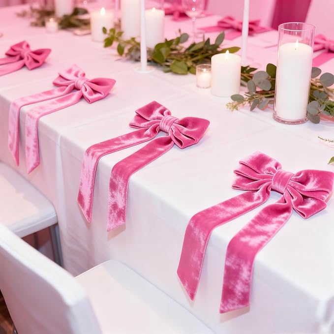 Bow Napkin Rings Set of 6 Luxury Soft Hot Pink Velvet Napkin Holders, Elegant Bow Design for Christmas Holiday Dinner Wedding Party Table Decor