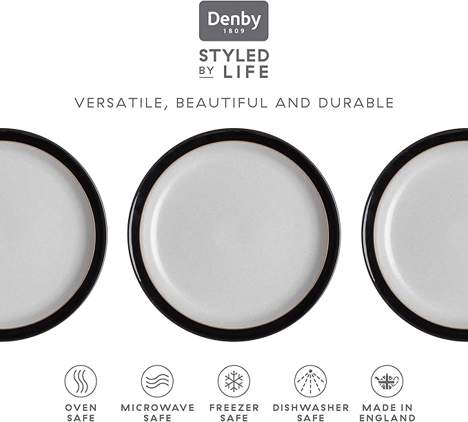 Denby - Elements Black Dinner Plates Set of 4 - Contemporary Design - Ceramic Stoneware Tableware - Dishwasher & Microwave Safe - Scratch Resistant - 10.4in Large Everyday Dinnerware Plates