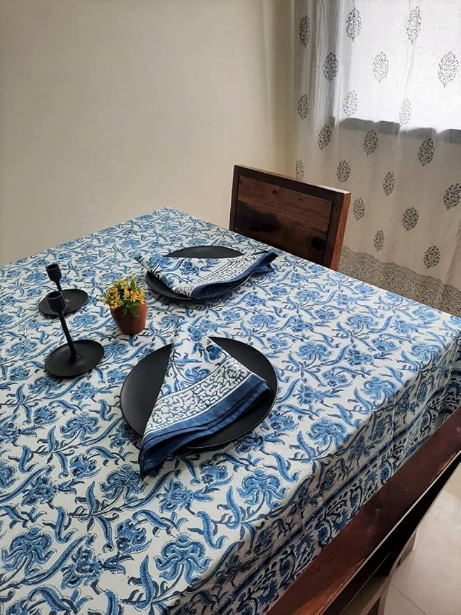 ATOSII Midnight Bloom 100% Cotton Fall Tablecloth, Handblock Print Blue Rectangle Table Cloth for Kitchen Dining Table Linen I Parties Wedding Outdoor Decor 60 X 90 Inches