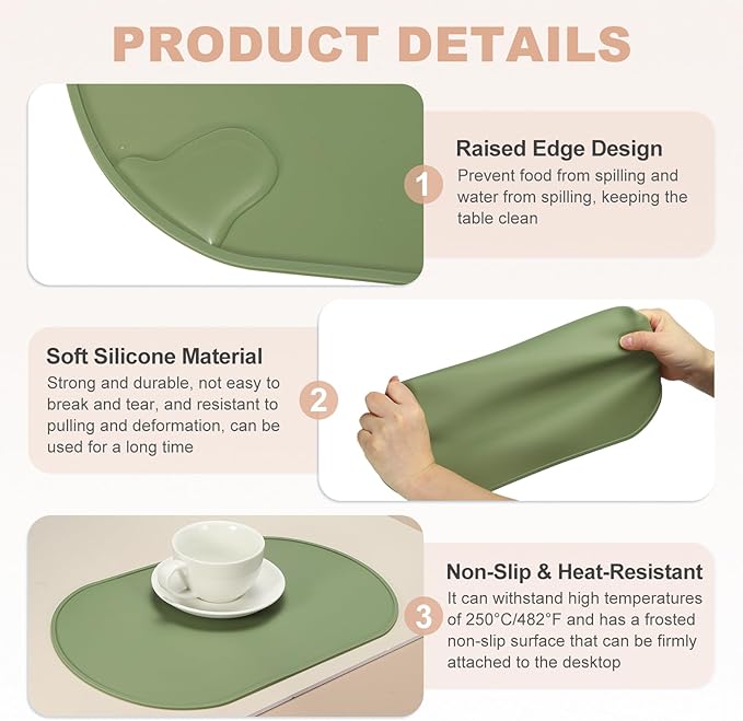 uxcell 2 Pcs Oval Silicone Placemat, 15.4" x 10.4" Non-Slip Washable Table Placemats Heat Resistant Waterproof Mat with High Edge for Table Kitchen Desk Protection, Green