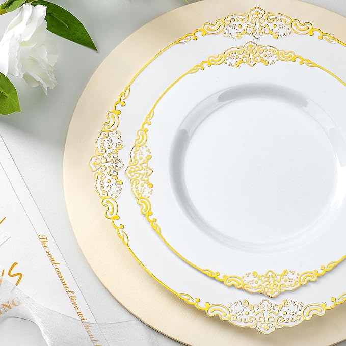 700PCS Gold Plastic Plates for 100 Guests, Disposable Dinnerware Sets Include 200 Gold Rim Plastic Plates, 100 Silverwares, 100 Cups, and 100 Pre Rolled Napkins for Party, Wedding, Graduation