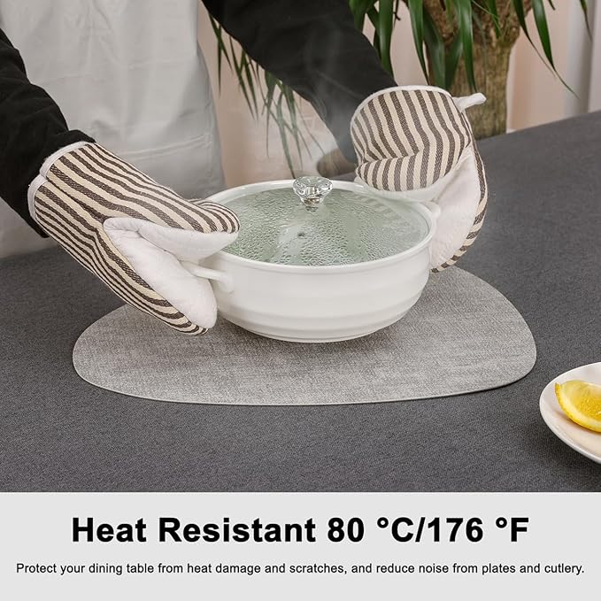 Placemats and Coasters, Washable Placemats Round Faux Leather Wipeable Place Mats Non Slip Heat Resistant Indoor Outdoor Table Mats (Set of 6, Light Gray Beige)