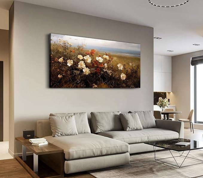 ADJUVANT Wall Art Vintage Coastal Wildflower Field 48"L x 24"W, Seaside Meadow With White And Orange Blooms Canvas Painting Nature Artwork Retro Floral Prints Botanic Wall Decor for Living Room Bedroom