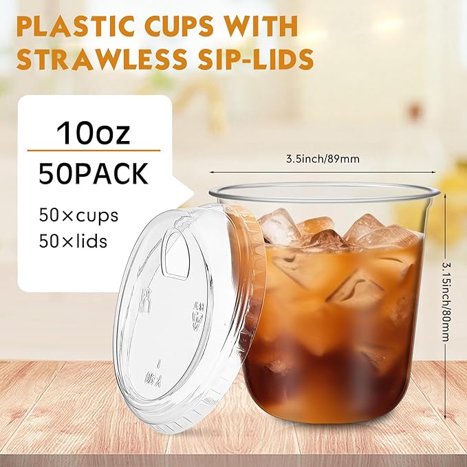 Baderke 50 Pcs Plastic Cups with Sip Lids Round Bottom Disposable Plastic Coffee Cups with Lids Clear Strawless Crystal Mugs for Iced Coffee Smoothie Cold Beverage Party Catering Supplies (10 oz)