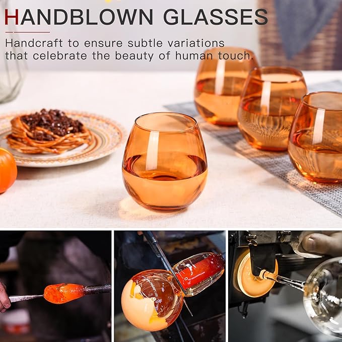 Brown Stemless Wine Glasses Set of 6-15 oz -Modern Hand-Blown Wine Glasses, European Design Crystal Glass For Red & White Wine, Unique Gifts for Wedding, Birthday