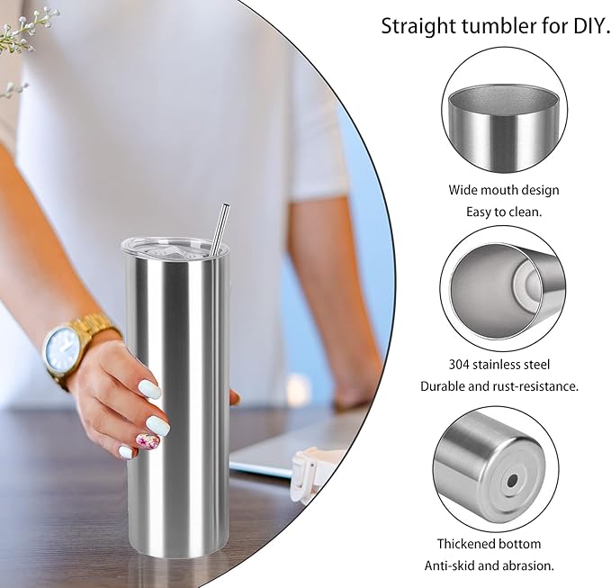 20 Oz Straight Skinny Tumbler Set, Stainless Steel Slim Skinny Travel Tumbler Bulk, Birthday Diy Gift For Women Friends Sisters, 4 Pack, Silver