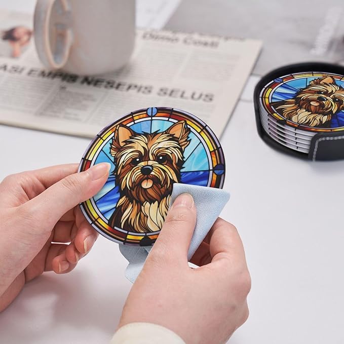 Drink Coaster Set of 6, Yorkshire Terrier Dog Mom Lover Gift,Leather Drink Coasters with Holder,6 Pack Cup/Bar/Drink Coasters for Table/Drinks/Coffee Protection Housewarming Gift