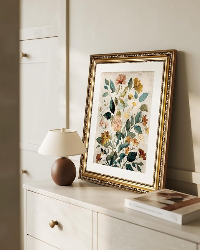 InSimSea Gold Picture Framed Wall Art, Living Room Vintage Watercolor Flower Botanical Wall Decor, Floral Canvas Print Art, Home Farmhouse Decor, Antique Paintings with Frame 13x16inch