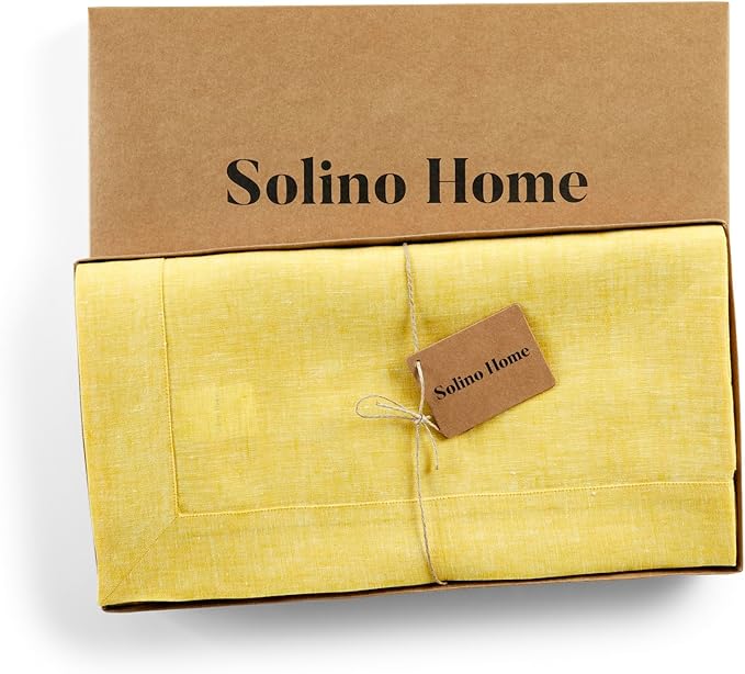 Solino Home Linen Tablecloth 60 x 120 Inch - 100% Pure Linen Chambray Lemon Yellow Table Cloth for Rectangular Tables - Athena, Machine Washable Cloth Tablecloth for Spring, Easter