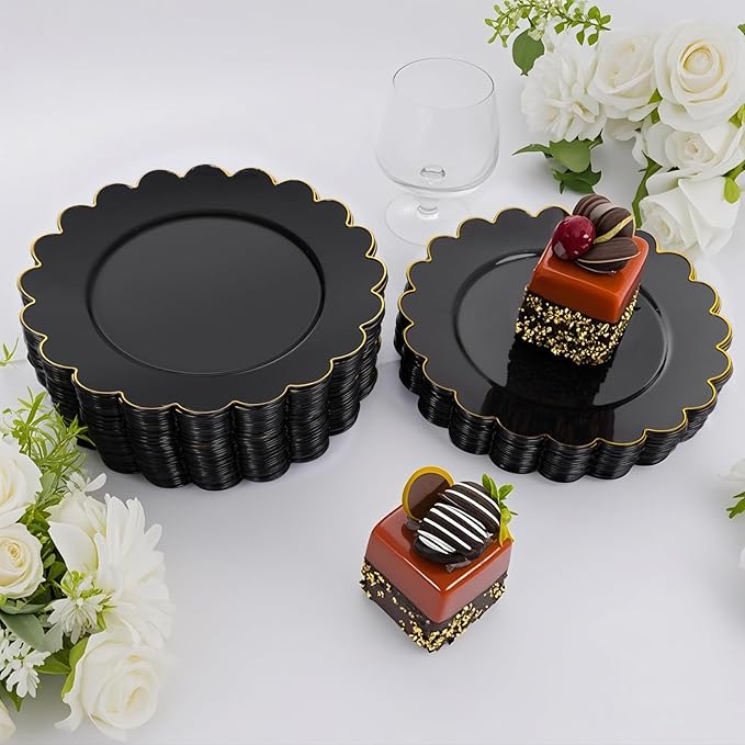 LIYH 100 Pcs Black Plastic Scalloped Plates - Disposable Dessert Plates with Elegant Gold Rim Cake Plate Disposable for Salad Parties Cass Reunions Wedding