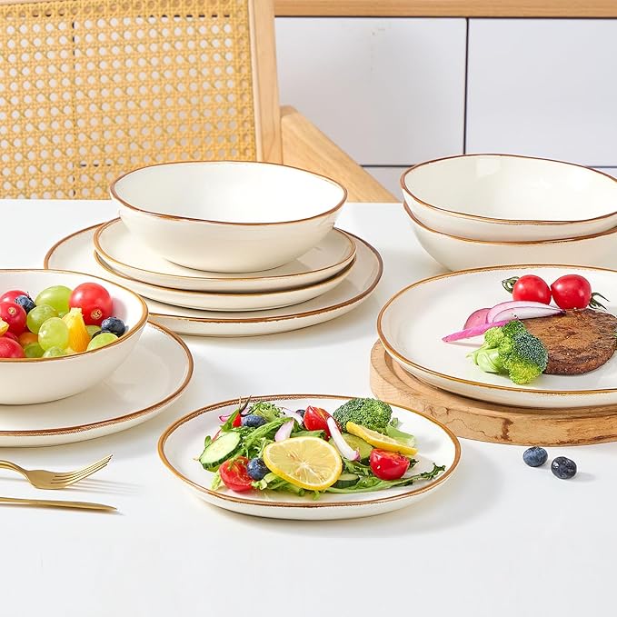 Bestone 12 Pieces Round Kitchen Dinnerware Sets，Plates and Bowls Sets,Dishes, Plates, Bowls, Dish Set, Chip Resistant Ceramic Dinnerware Set, Dishwasher/Microwave Safe,Service for 4,Pearl White