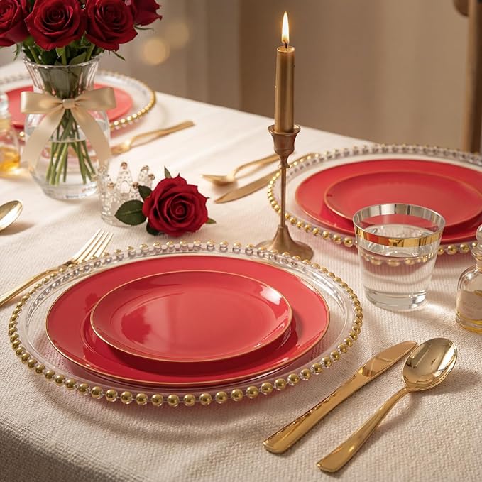 WDF 300Pcs Red Disposable Plates - Red Plastic Plates - 50guest Disposable Dinnerware Include 50 Dinner Plate, 50 Dessert Plate, 150 Cutlery & 50 9oz Cups for Valentine's Day & Parties