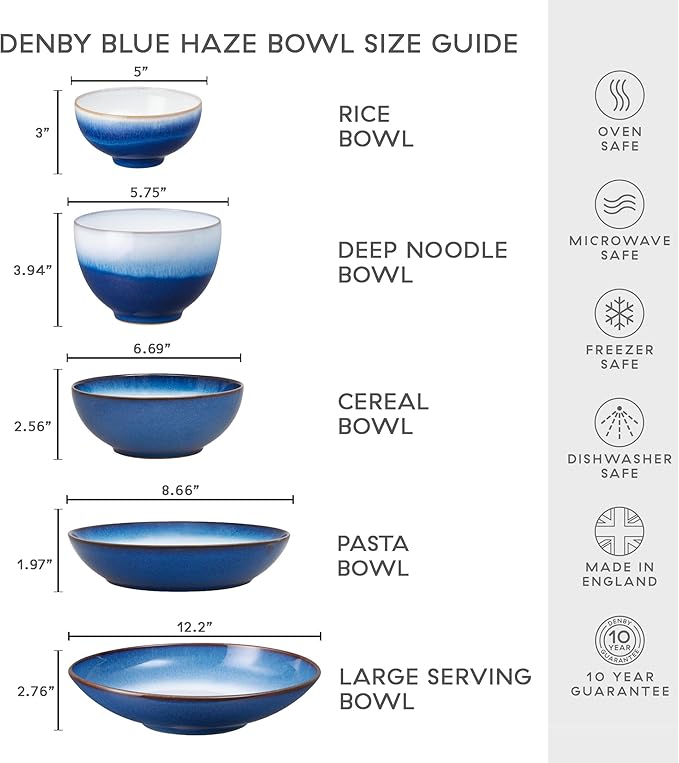 Denby - Blue Haze Coupe Cereal Bowls Set of 6 - Dishwasher Microwave Safe - Scratch Chip Resistant - Ceramic Stoneware Soup Bowls Tableware