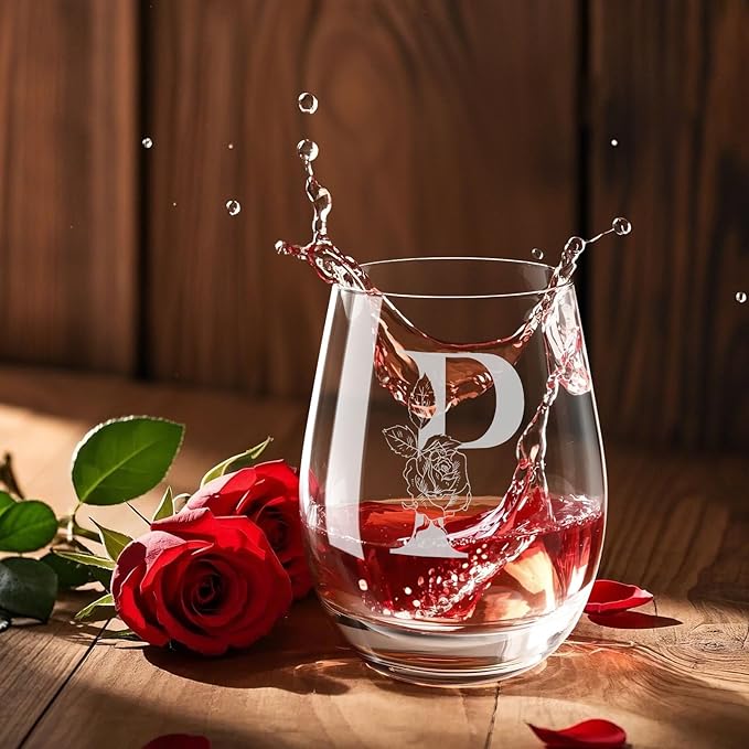 Valentines Day Gifts for Her, Gifts for Women Her Friend Mom Grandma Wife Sister Bridesmaid Nurse, Birthday Galentines Mothers Day Christmas, Personalized Initial Customized Wine Glasses 18OZ(P)