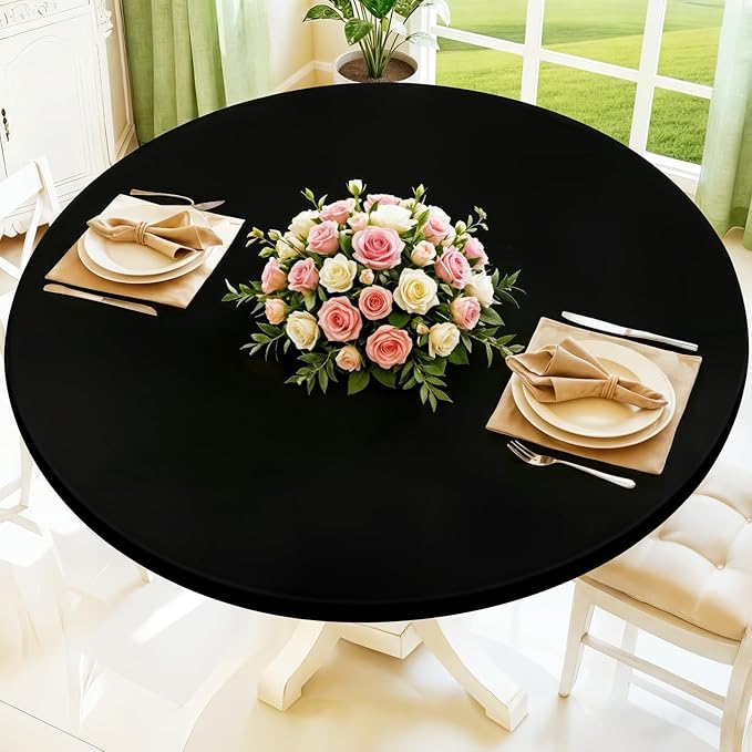 Round Spandex Tablecloth, Elastic Fitted Waterproof Tablecloths for 36"-44" Tables, Stretch Washable Picnic Table Cover for Camping, Dining, Indoor and Outdoor, Black