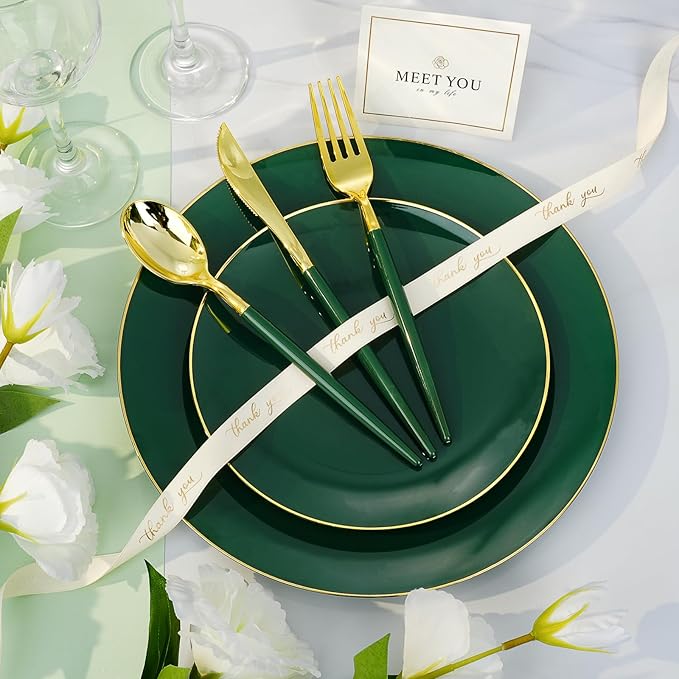 100 PCS Green Gold Plastic Plates, 10 inch Green Disposable Plates for Party, Plastic Dinner Plates for Party, Graduation, Birthday, Wedding