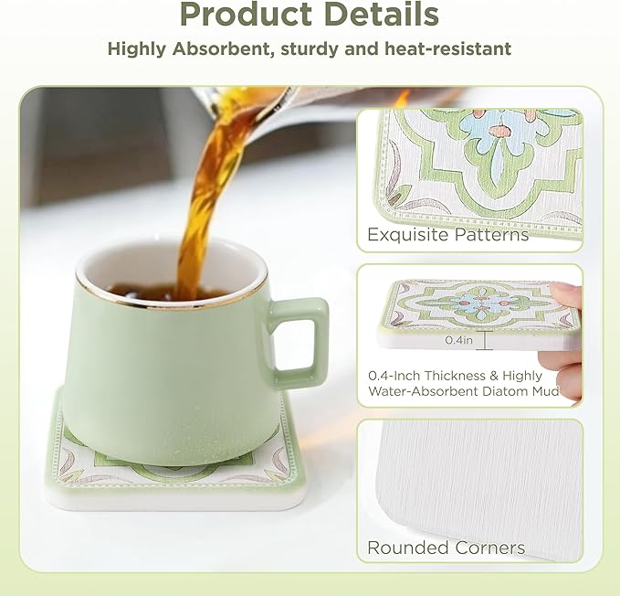 Coasters Set of 4, Square Drink Coasters Absorbent Heat Resistant Diatomite Coaster Cup Mats Vintage Home Decor for Coffee Table Desktop Protection (B, 3.9" x 3.9", 4pcs)