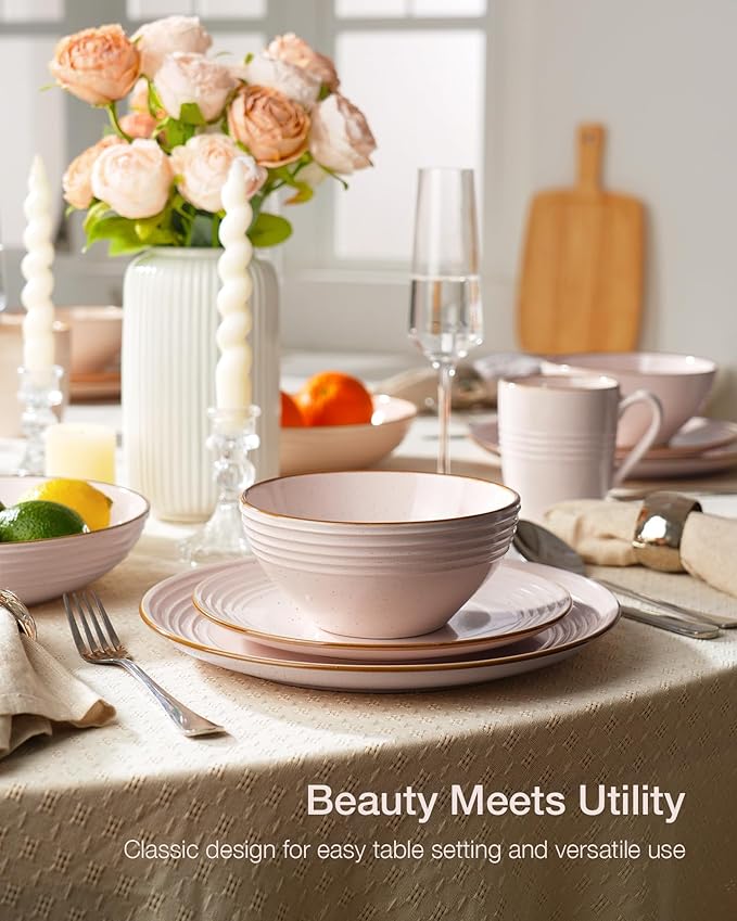 Famiware Jupiter Dinnerware Set, Plates and Bowls Dish Sets for 8 (24 Pieces), Microwave and Dishwasher Safe Stoneware Speckled Tableware, Chip and Scratch Resistant, Light Pink
