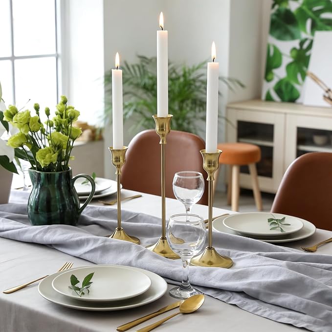 3PCS Candlestick Holders, Brass Gold Taper Candle Holders, Metal Vintage Candle Stick Holders for Table and Mantel Decorations, Home Decor Centerpieces for Dinning, Wedding and Party
