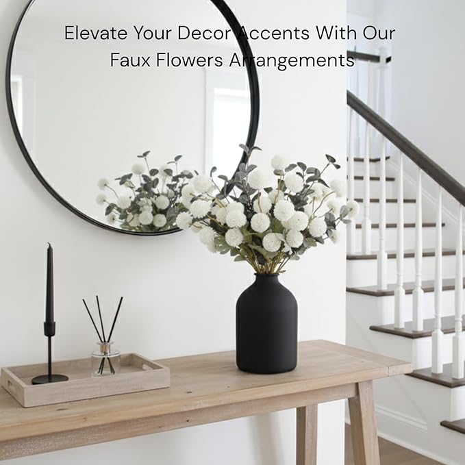 RyddeligHome White Faux Kiku Flowers for Vase - 10 Long Stem Artificial Flowers with Eucalyptus, Realistic Winter Floral Stems for Tall Vases, Farmhouse Home Decor (Premium Quality)