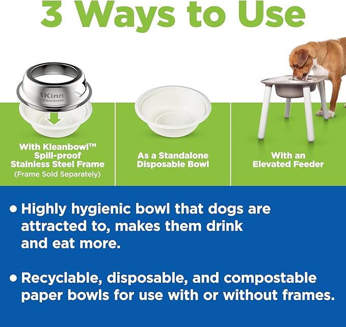 Kinn Kleanbowl Pet Bowl Stainless Steel Frame with Compostable Refills, 8 oz (Pack of 1) – Spill-Proof Stable Disposable Dog Bowls for Easy Cleaning and Healthy Pets, No Plastic