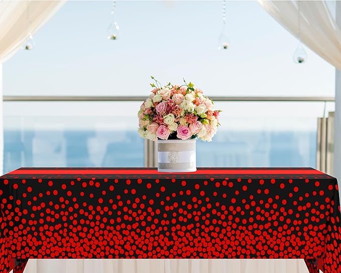 Oudain 6 Pcs Black and Red Tablecloth for Parties Plastic Dot Tablecloths Printed Table Runner Waterproof Disposable Rectangle Table Cover for Christmas Birthday Wedding Party, 54" x 108"