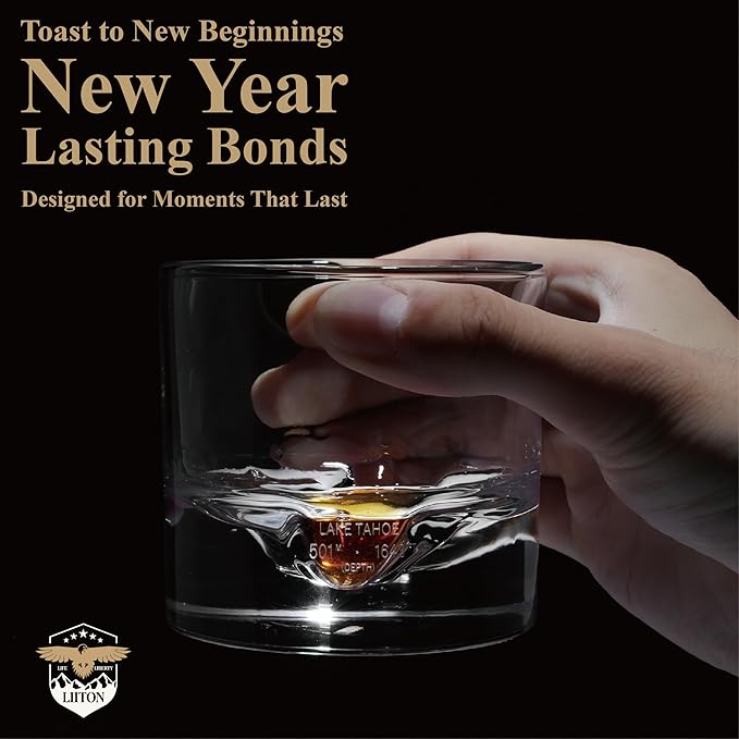 LIITON Lake Tahoe Heavy Crystal Whiskey Glasses Gift Set of 2, Thick Freezable Bourbon Glass 1lb Each, Premium Whiskey Gifts for Men, Frozen Crystal Chills Cocktails, 10 oz