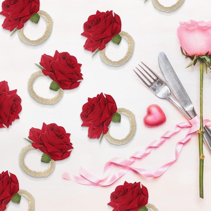 Set of 24 Red Napkin Rings Red Rose Napkin Rings Handicraft Flower Pink Flower Napkin Holder Wedding Napkin Holder Table Decoration for Mother Day Party