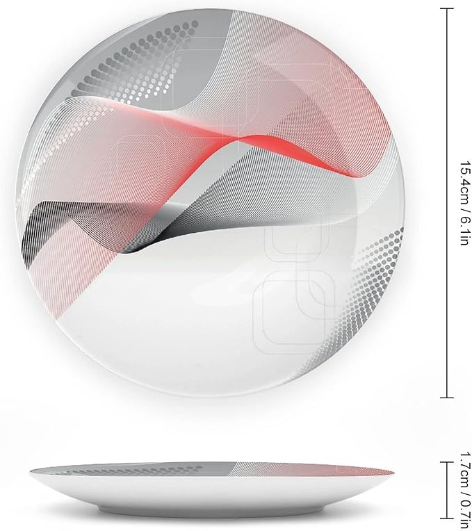 Decorative Plates, Abstract Print Ornament, Modern Geometric Squares Dots Curves Waves, 6 Inch, Kitchen Wall Decor, Red Grey Black