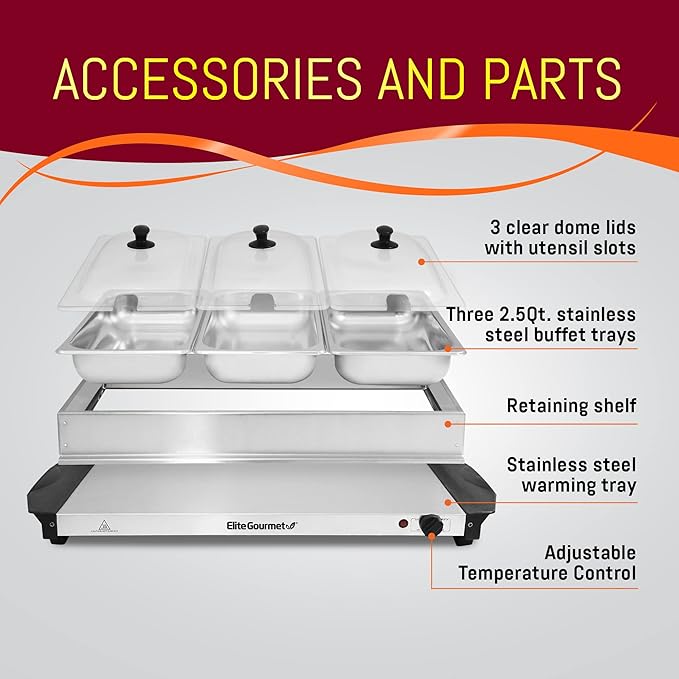 Elite Gourmet EWM-6171 Triple 3 x 2.5 Qt. Trays, Buffet Server, Food Warmer Temperature Control, Clear Slotted Lids, Perfect for Parties, Entertaining & Holidays, 7.5 Qt Total, Stainless Steel