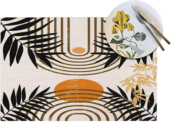 Vintage Mid Century Boho Placemats for Abstract Sun Bamboo Aesthetic Arch Curve Leaves Geometric Washable Place Mats 12x18Inch for Dining Kitchen Farmhouse Decor 6 PCS