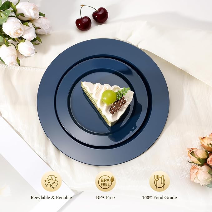 Goodluck 200PCS Navy Blue Plastic Plates, Heavy Duty Disposable Clear Plates with 100 10.25 inch Dinner Plates and 100 7.5 inch Dessert Plates for Party, Holiday, Wedding, Thanksgiving