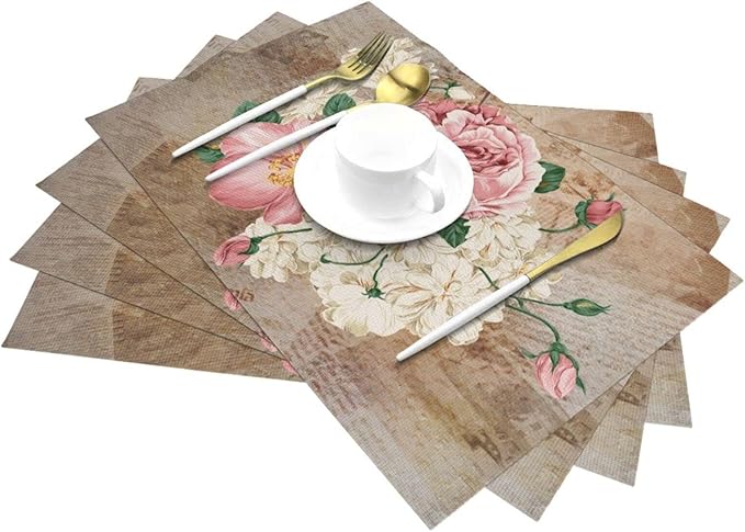 Vintage Rose Placemats Set of 4 Washable Table Place Mats for Dining Kitchen Party Decor