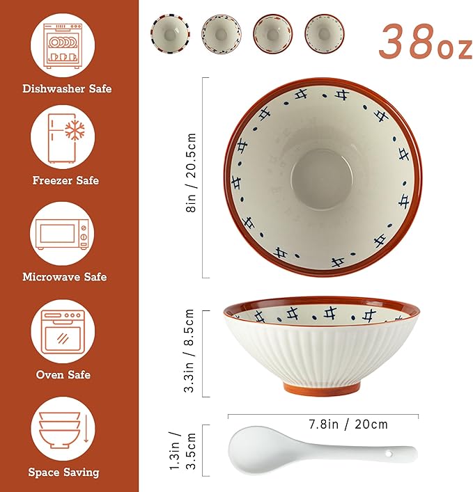 8 Inch Ramen Bowls Set of 4 with Spoon, 38 Oz Soup Bowls for Noodle,Udon,Vintage Japanese Style, Microwave & Dishwasher Safe