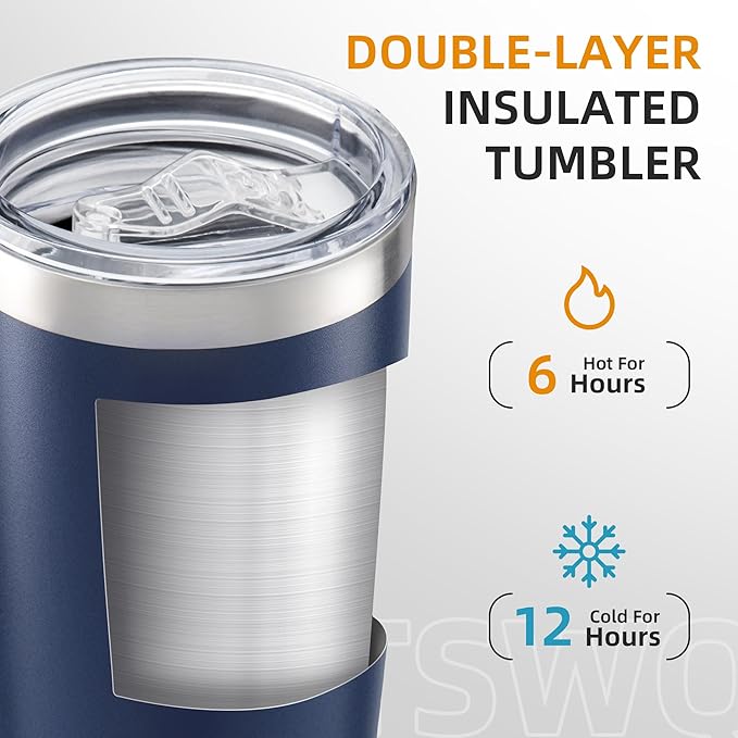 20 oz Tumbler Bulk with Lid Stainless Steel Insulated Tumblers Double Wall Vacuum Coffee Mug Powder Coated Tumbler Cups for Cold and Hot Drinks, Navy, 6 pack