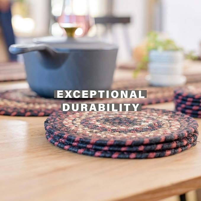 Homespice Prescott Jute Braided Coasters 4", Warm Primitive Decor, Set of 6, Black and Red - Durable, Absorbs Moisture, Easy to Clean and Protects Furniture