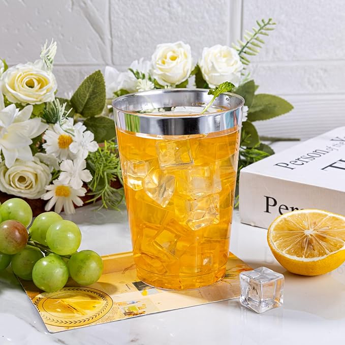 I00000 200 Pack 12 oz Silver Plastic Cups, Silver Rimmed Disposable Cups, Plastic Party Wine Glasses Cocktail Glasses Heavy Duty Cups with Silver Rim, 12 Ounce Tumblers For Party