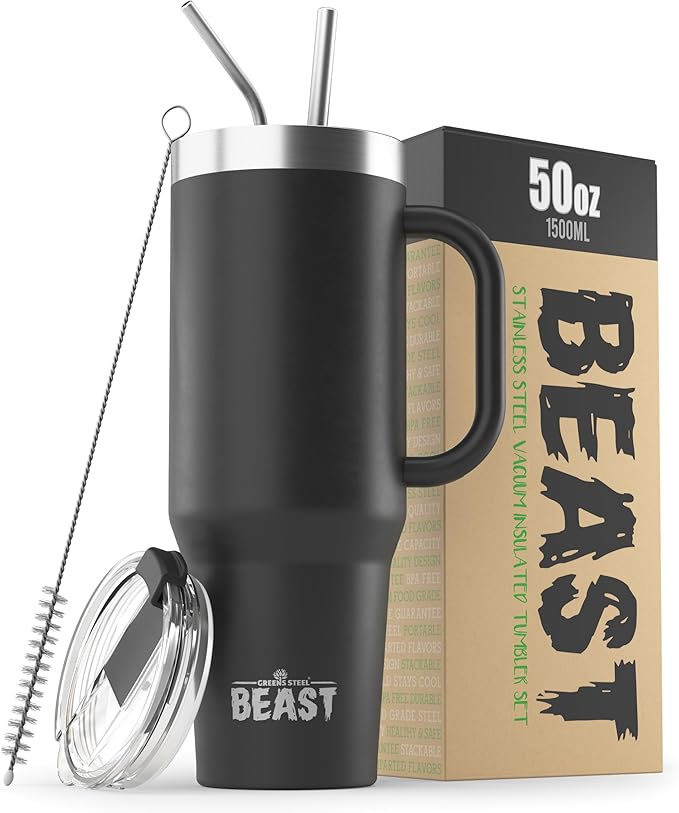 50oz Tumbler with Handle and Straw - Large Insulated Travel Mug for Water, Hot and Iced Coffee - Leak Resistant Stainless Steel Insulated Tumbler with Lid - Gifts for Mom, Women and Men (Matte Black)
