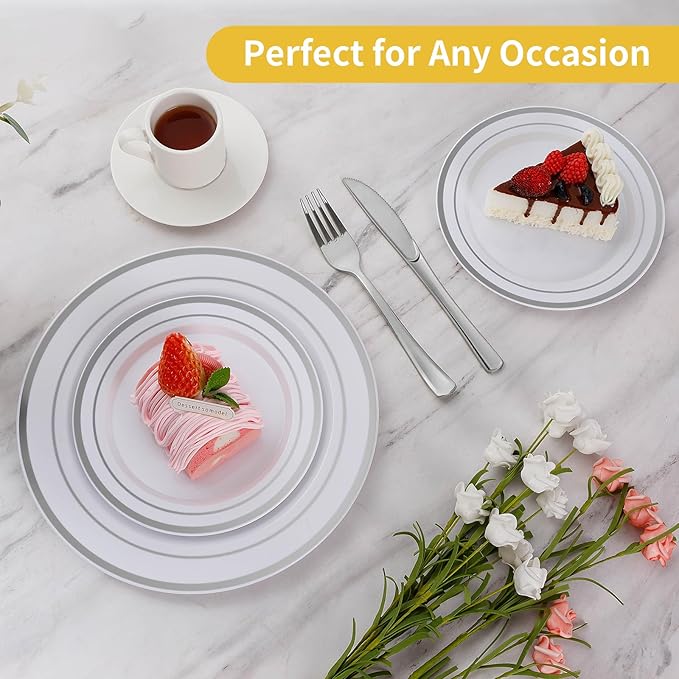 Goodluck 200PCS Silver Plastic Plates, Heavy Duty Disposable Gold Plates with 100 10.25 inch Dinner Plates and 100 7.5 inch Dessert Plates, Disposable Plates for Party, Holiday, Wedding, Christmas