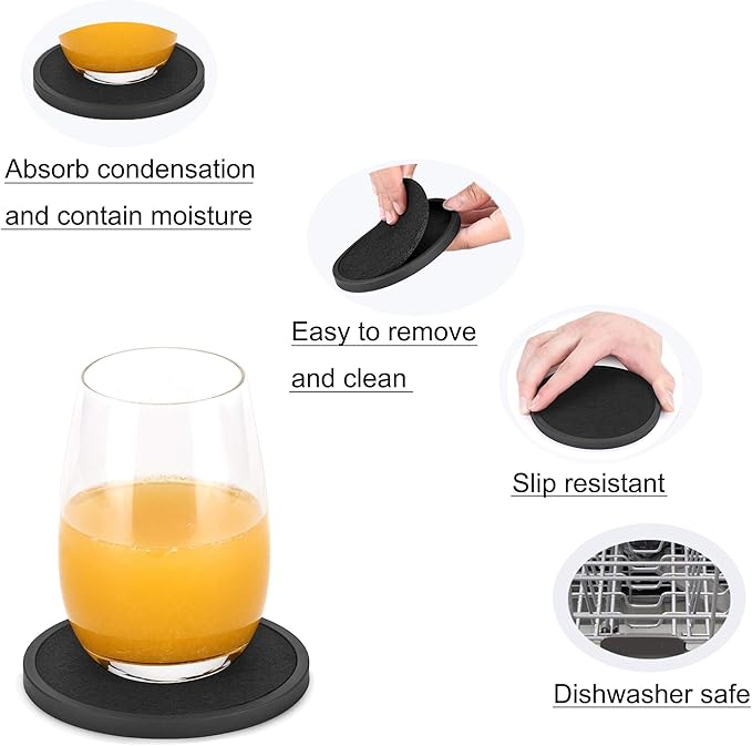 Absorbent Coasters for Drinks with Holder - 6packs, Silicone Coaster with Soft Felt Insert, Black (Coasters with Holder, Black)