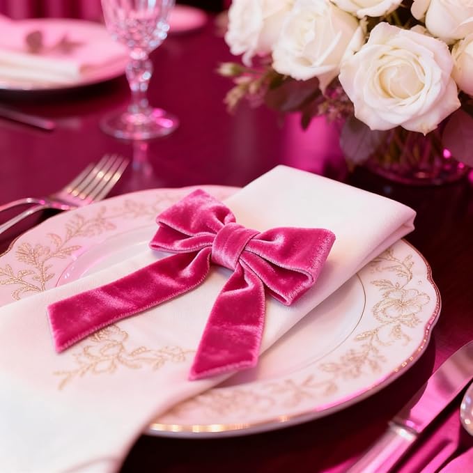 Bow Napkin Rings Set of 6 Luxury Soft Hot Pink Velvet Napkin Holders, Elegant Bow Design for Christmas Holiday Dinner Wedding Party Table Decor