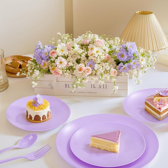 EI 150pcs Purple Plastic Plates for Party,Fancy Disposable Plates,Heavy Duty Plastic Dinnerware Set for Wedding,Easter,Afternoon Tea Party,Spring,Mother's Day,Valentine's Day