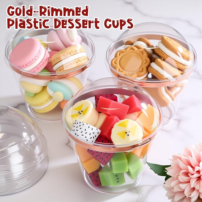 Jinei 50 Sets 9 oz Rose Gold Plastic Dessert Cups with Dome Lids Spoons Rimmed Clear Disposable Plastic Fruit Cups with Lids for Yogurt Parfait Pudding Cupcake Ice Cream Party Wedding Reception