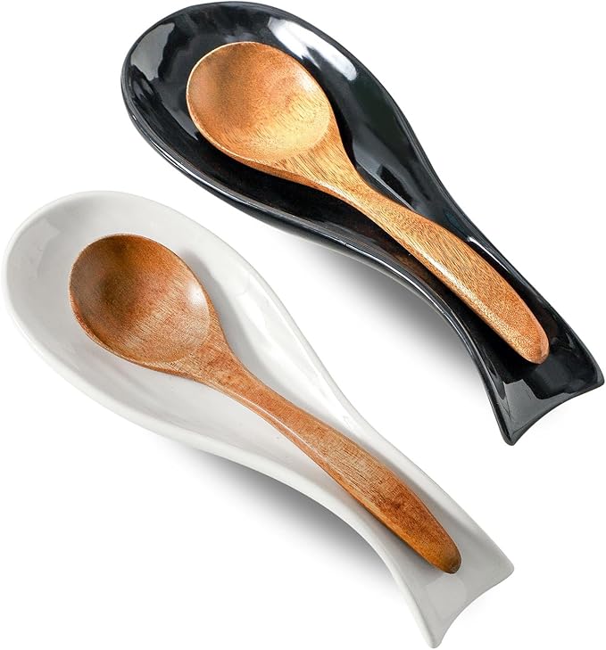 Ceramic Spoon Rest for Stove Top,Large 8.7 Inch Spoon Holder for Kitchen Counter,Porcelain Rest for Thankgiving and Christmas Gift,Dishwasher Safe and Heat-Resistant,White and Black(2 PC)