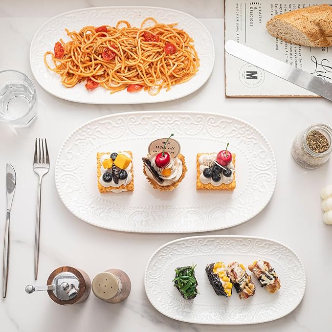 Oval Serving Platter, 14"/12"/10" Ceramic Serving Platters, Embossed White Serving Plates, Stackable Porcelain Tray for Appetizer, Dessert, Pasta, Sushi, Oven Dishwasher Safe, Set of 3, Family Dining