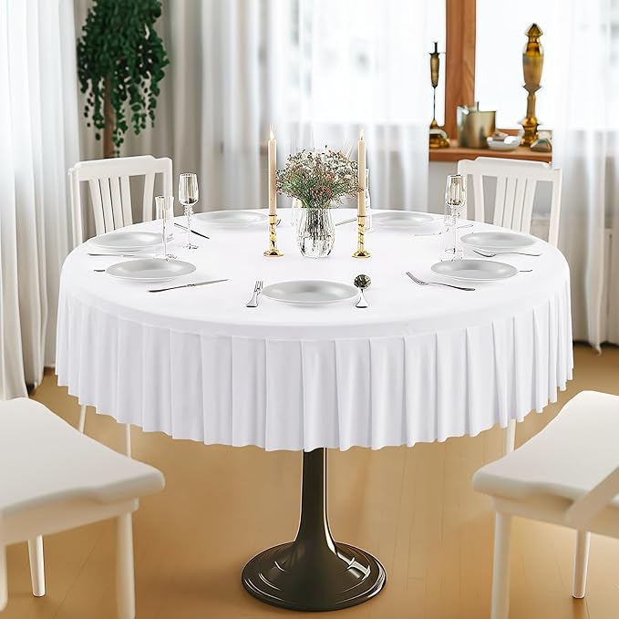 2 Pack White Spandex Round Tablecloths for 72in Tables, Stretchy Fitted 6FT Round Table Cloths, Wrinkle Free Table Cover with Skirt for Wedding Birthday Party Bridal Shower Banquet