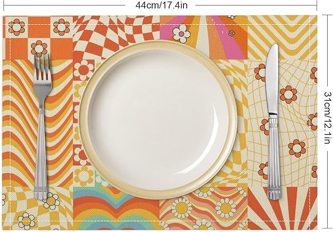 60S 70S Hippie Flower Placemats，Groovy Floral Table Mats for Kitchen Table Boho Vintage Flowers Groovy Aesthetic Placemats for Kids Girls Teens 18"x12" 6 PCS