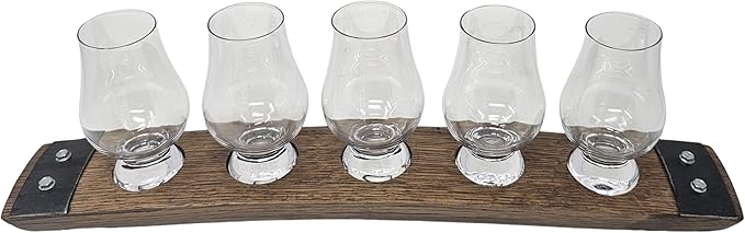 Barrel Stave Premium 5 Glass Whiskey Flight Serving Tray with Glencairn Glasses, Dark Walnut