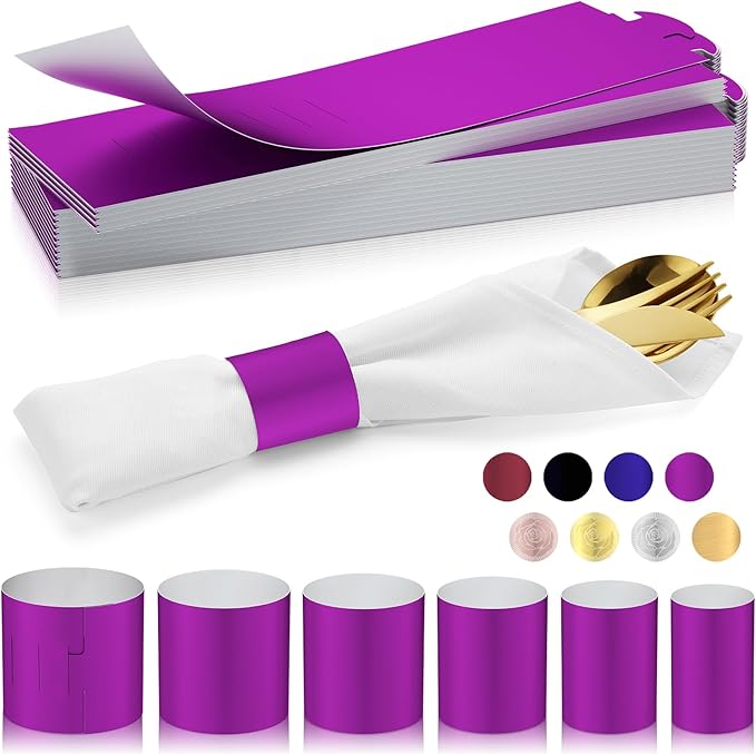 Christmas Napkin Rings Set of 100, 2 Colors in 1, Reusable Adjustable Napkin Bands for Holiday Parties, Wedding, Thanksgiving Table Decor, Waterproof Tear-Proof (Purple) Great Gift Idea